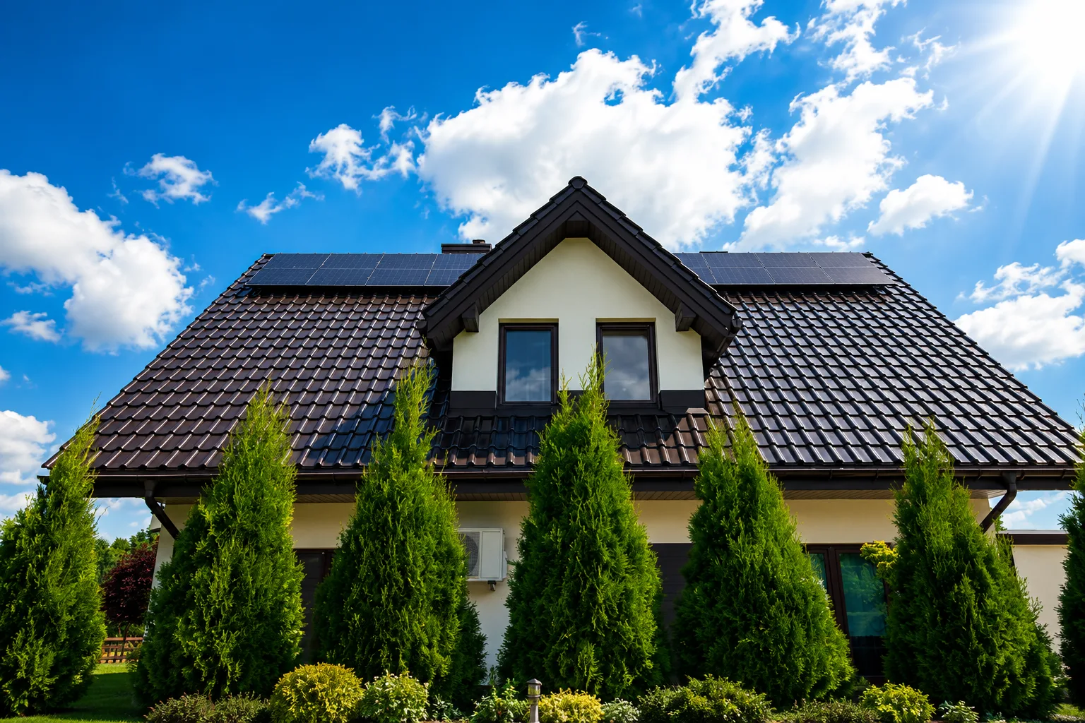 Modern home with dark tiled roof and solar panels under a bright sky