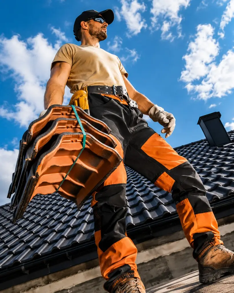 Summit commercial roofing professional carrying roof tiles on a job site